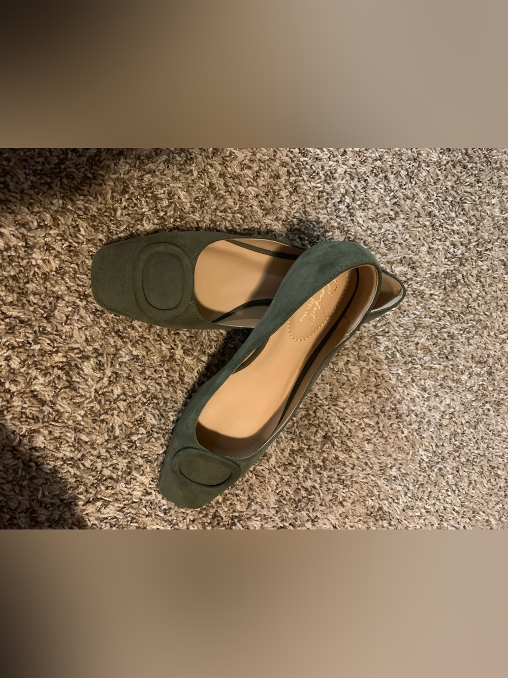 Women's Olive Green Suede Square-Toe Ballet Flats with Appliqué